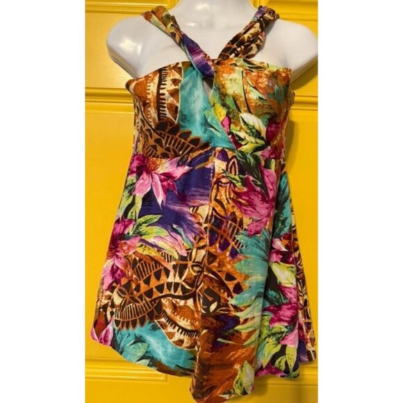 Boston Proper Multicolor Tropical Print Sleeveless Top With Twist Neck & Draped - Picture 7 of 7